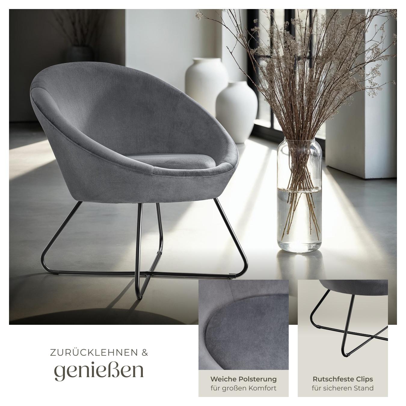 Tectake Cocktailsessel Centera gepolstert, mit Bouclé- oder Samtbezug runde, durchgehende Lehne  