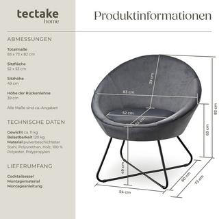 Tectake Cocktailsessel Centera gepolstert, mit Bouclé- oder Samtbezug runde, durchgehende Lehne  