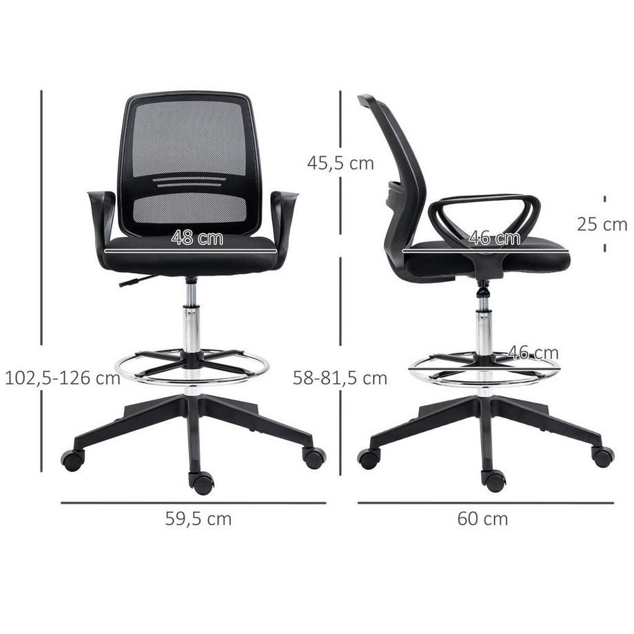 Northio Sedia Da Lavoro Sedia Ergonomica Girevole, Sedia Da Ufficio, Supporto Per Stare In Piedi Regolabile In Altezza, Poggiapiedi, Metallo, Nero, 59.5X60X102.5-126Cm  