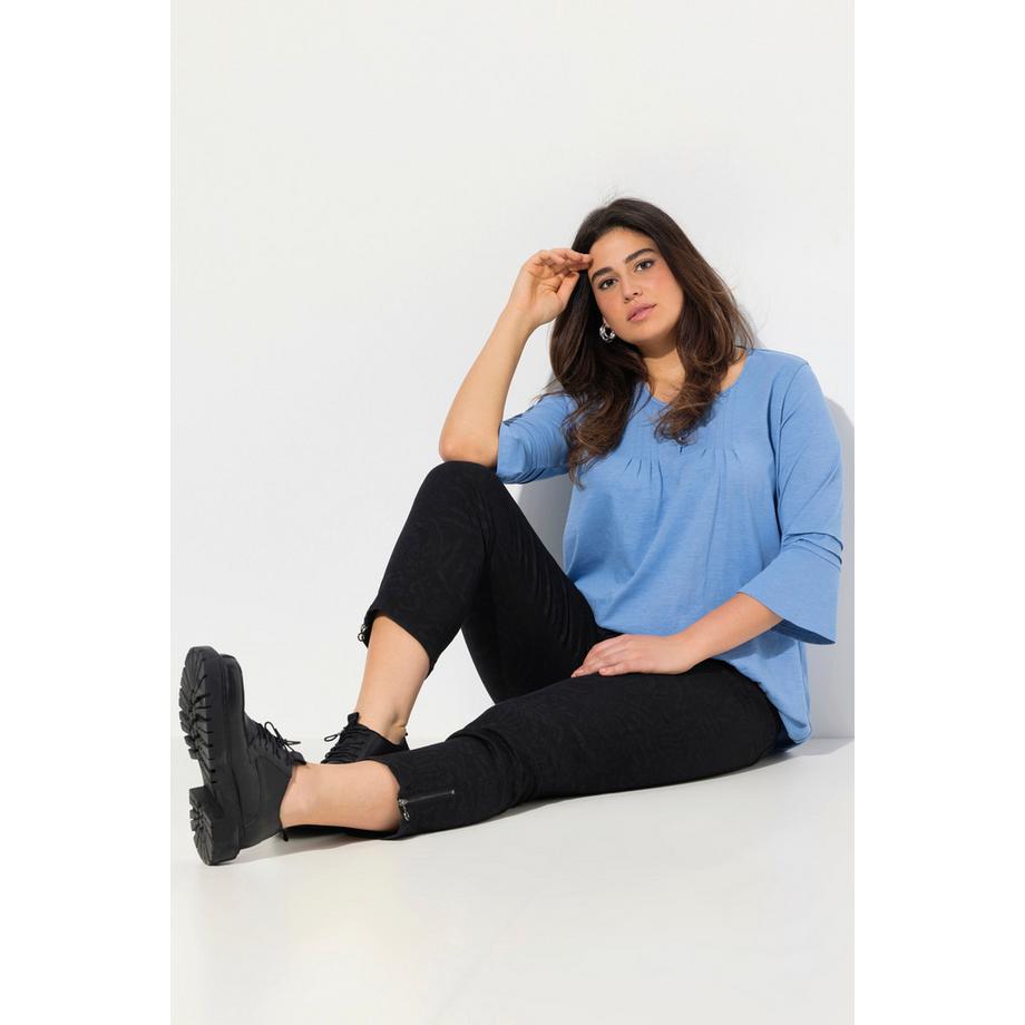 Ulla Popken Maglia Pieghe Decorative Scollo a Girocollo Maniche 3/4 con Volant Taglio Svasato  