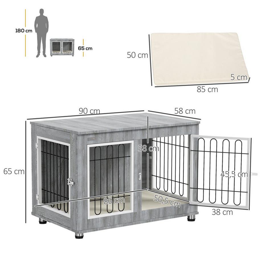 Northio  Cage Pour Chien, Niche Pour Chien, Avec Coussin, 2 Loquets Pour Chiens De Taille Moyenne, Cage Pour Chien Avec Double Porte, Niche Pour Chien, Gris, 90 X 58 X 65 Cm 