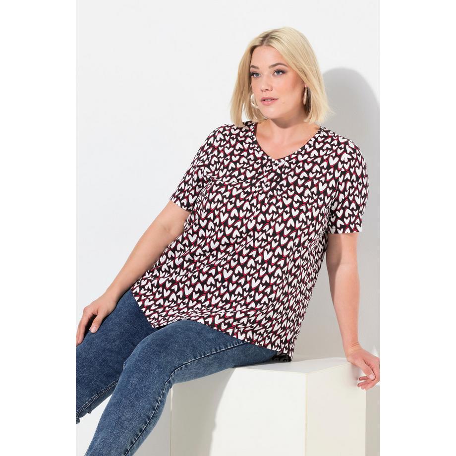 Ulla Popken T-shirt Cuori Scollo a V Mezza Manica con Orlo Asimmetrico  