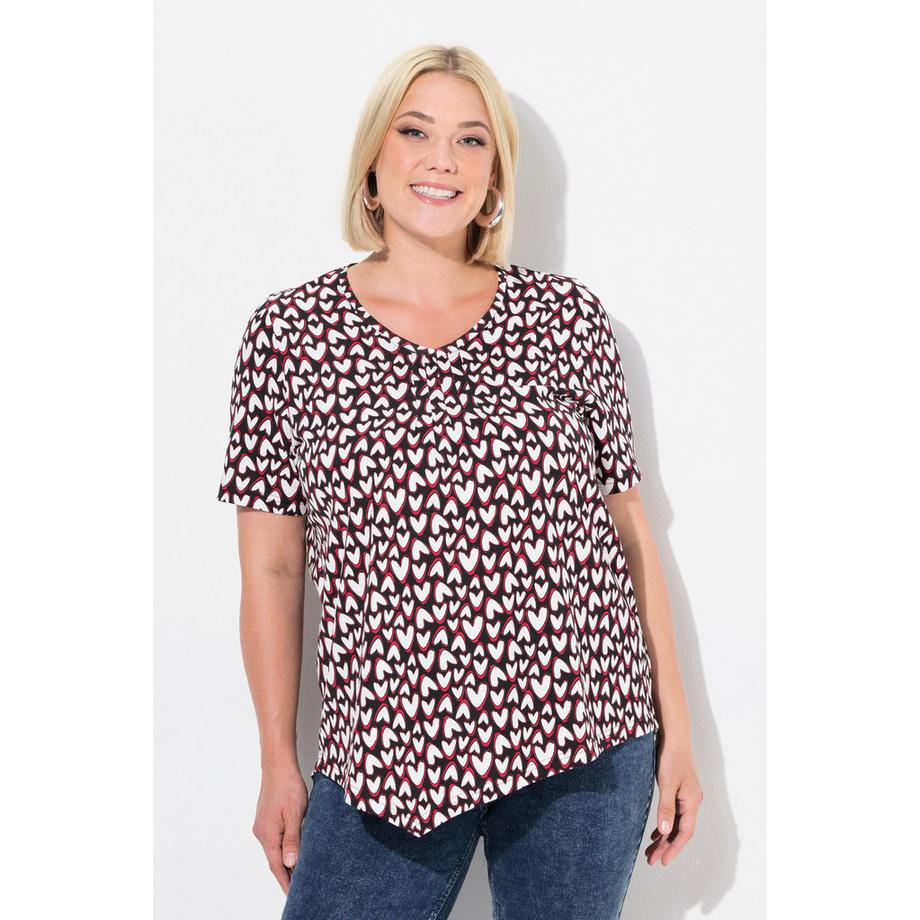 Ulla Popken T-shirt Cuori Scollo a V Mezza Manica con Orlo Asimmetrico  