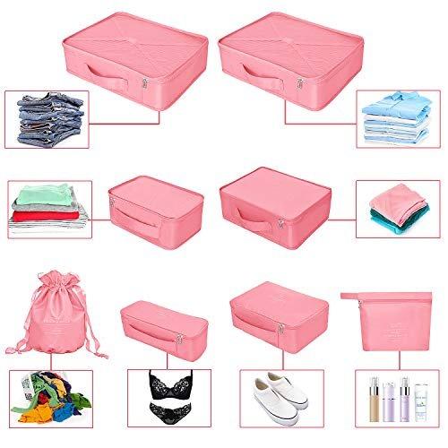 Only-bags.store  Organisateur de valise, sacs à vêtements pour le voyage, 8 pièces, 7 couleurs, organisateur de bagages de voyage incluant un sac de rangement de chaussures imperméable, sacs de compression pratiques pour les voyageurs, nouveau rose 