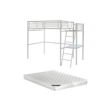 Lit mezzanine CASUAL II - 140 x 190 cm - plateforme bureau - Blanc + matelas