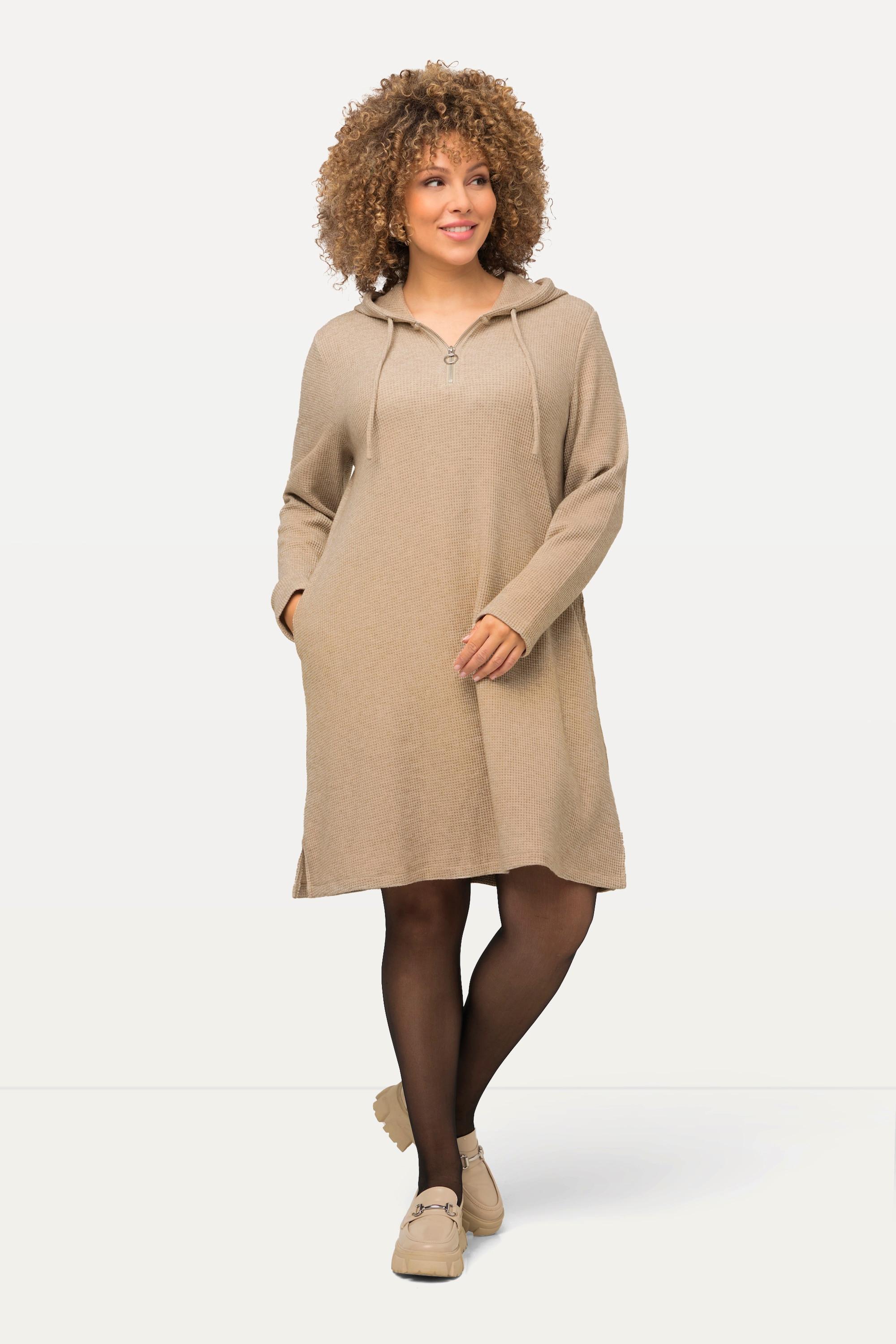 Ulla Popken Robe Midi Molletonnée Structure Gaufre Paillettes Capuche Manches Longues  