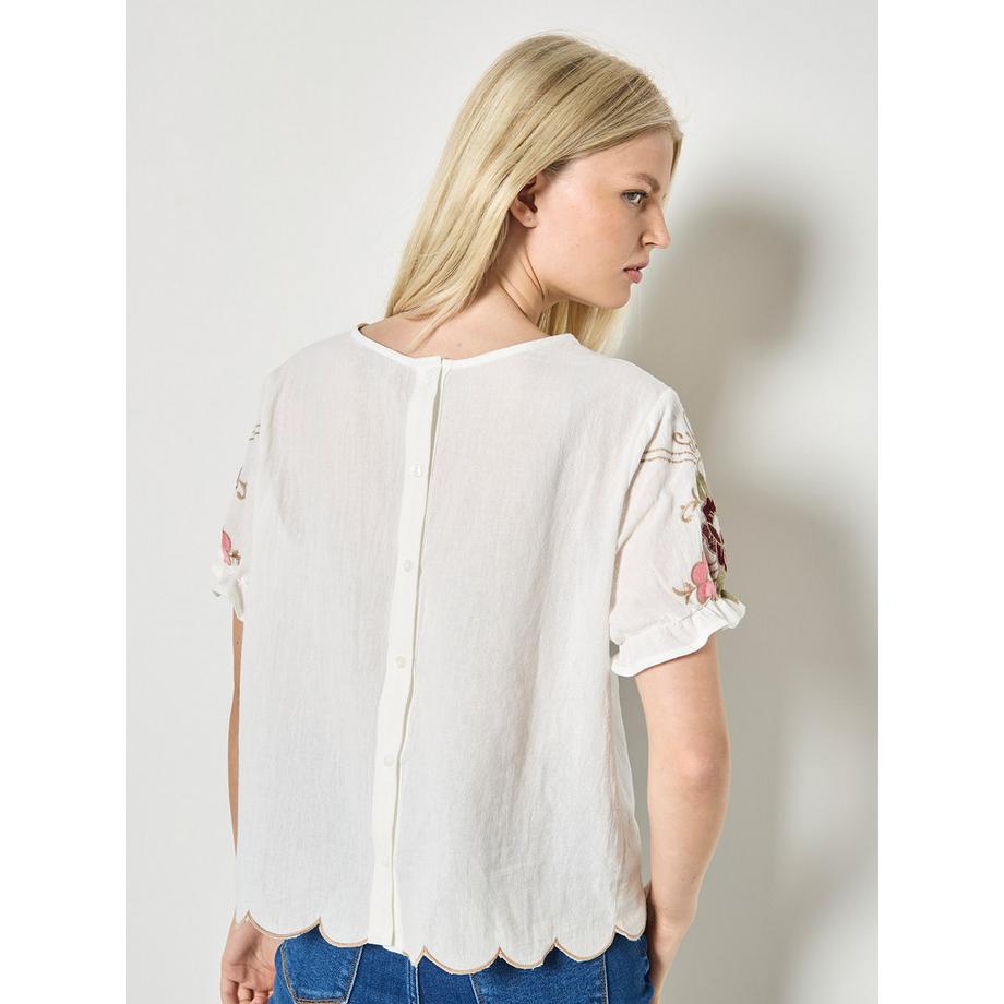 APRICOT Haut en coton à manches volantées et broderies florales  