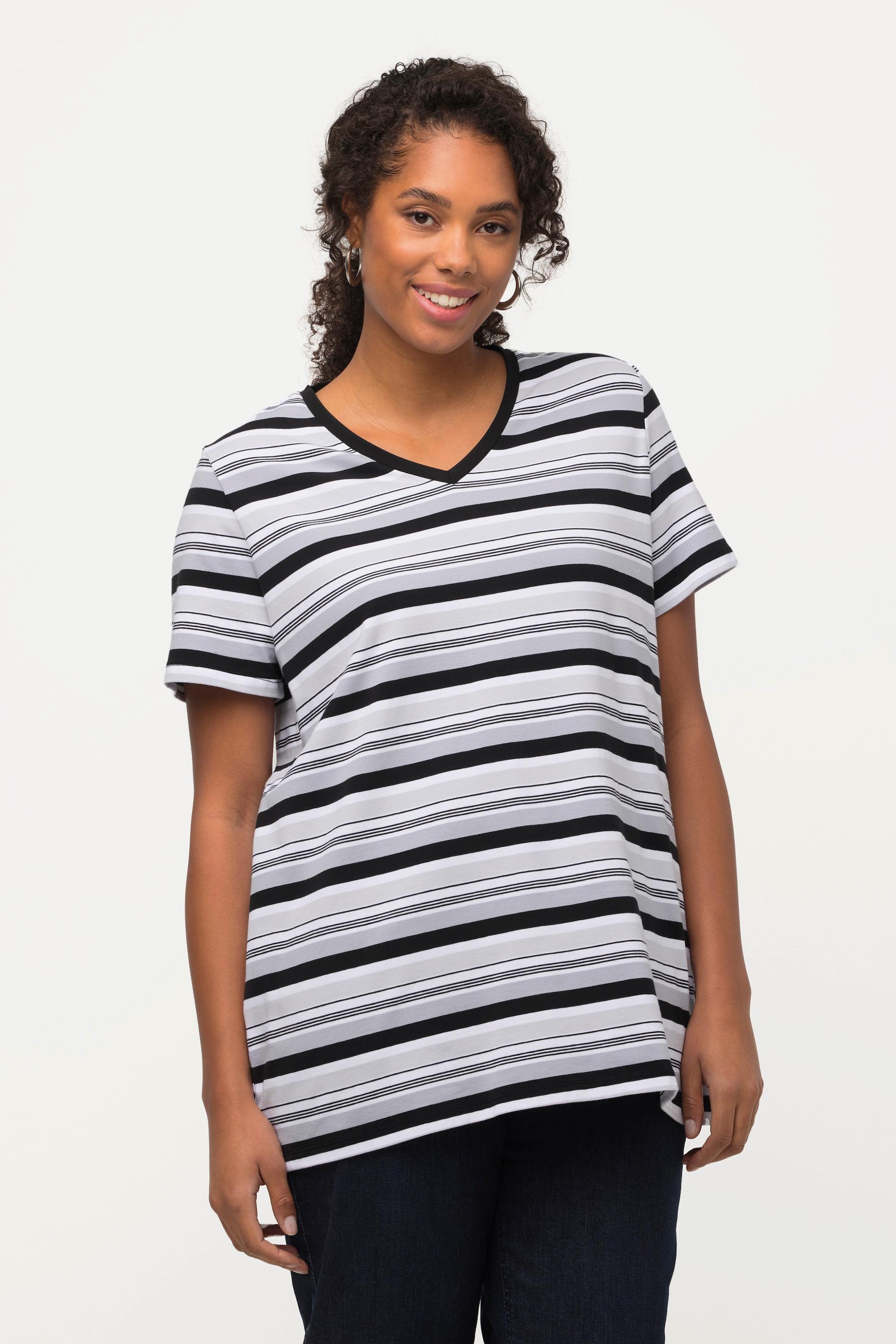 Ulla Popken  T-shirt classica a righe con scollo a V e mezze maniche 