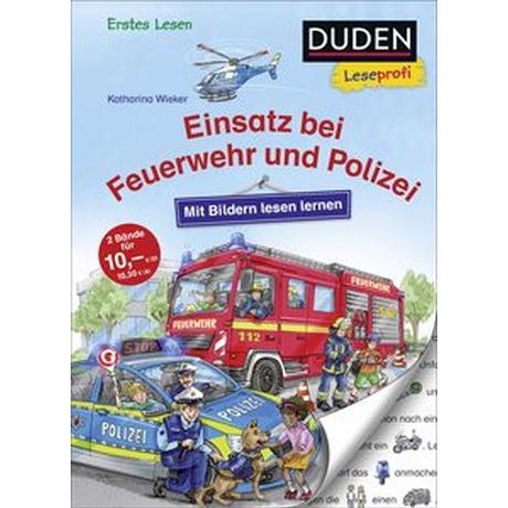 Duden Leseprofi - Mit Bildern lesen lernen: Einsatz bei Feuerwehr und Polizei Wieker, Katharina; Wieker, Katharina (Illustrationen); Mertz, Dennis (Umschlaggestaltung) Copertina rigida 