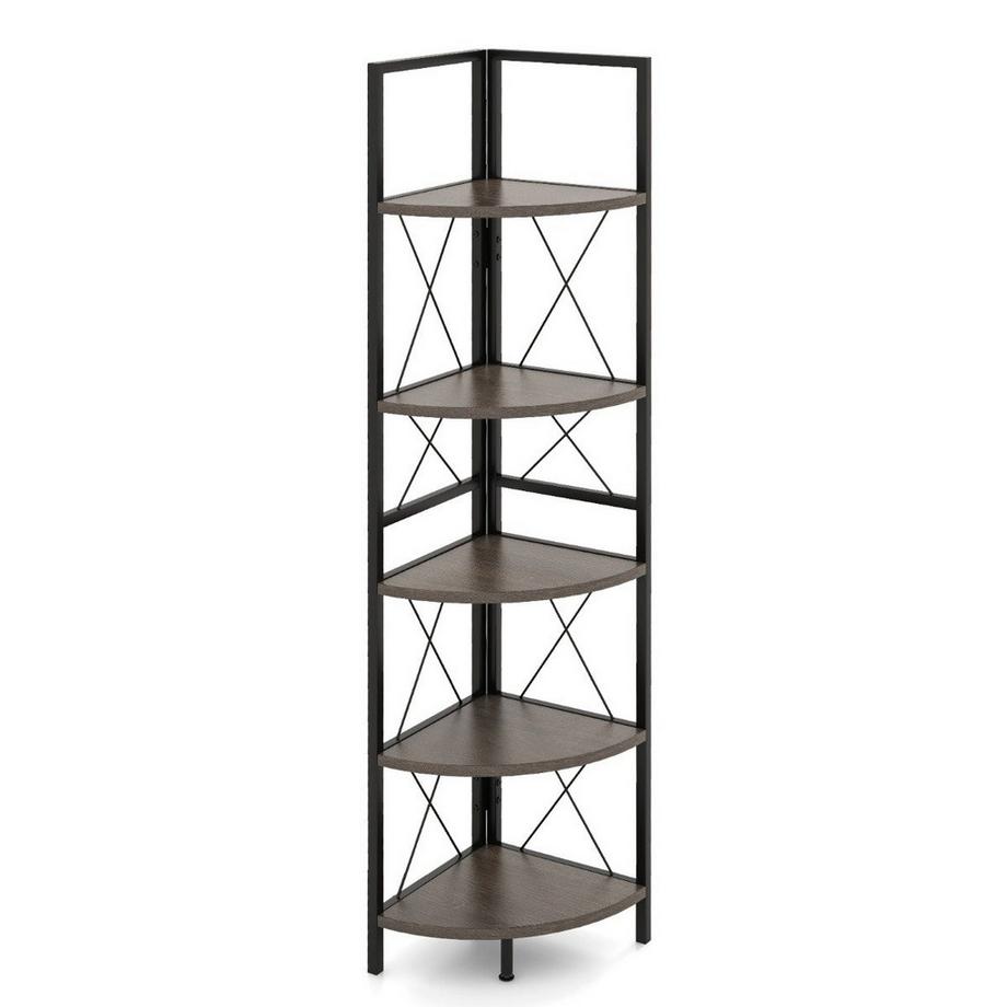 Northio Eckregal mit 5 Ebenen 160 cm hoch Bücherregal Holz Standregal mit Metallgestell Eichengrau  