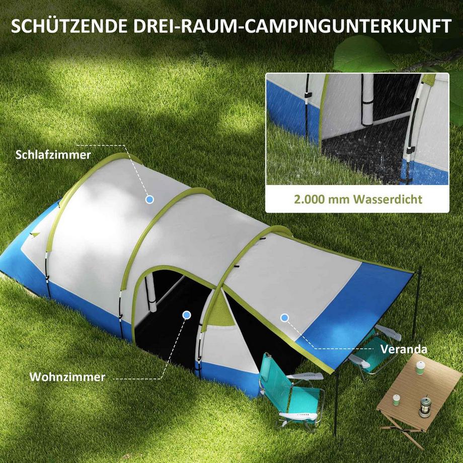 Northio  Tente de camping, tente tunnel pour 3 personnes, avec crochets lumineux, auvent, 2 pièces, tente familiale coupe-vent avec sac de transport, tente escamotable hydrofuge 2000 mm pour camping, jardin, vert | 