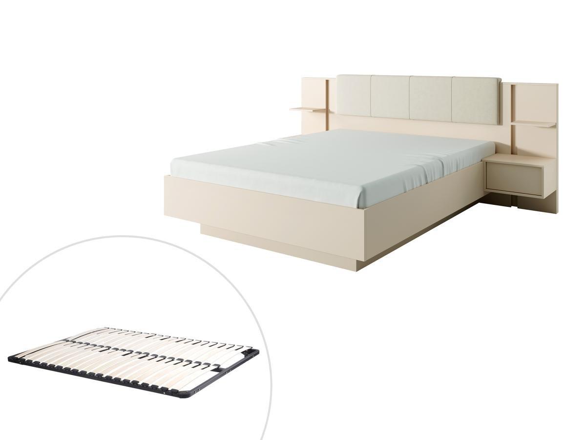 Vente-unique Lit avec chevets 160 x 200 cm - Avec LEDs - Coloris : Beige + Sommier - ELYNIA  