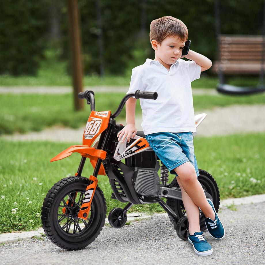 Northio  Moto électrique pour enfants, moto pour enfants 12V avec musique, véhicule pour enfants avec roues d'entraînement amovibles, 2,4-5 km/h, pour enfants de 3 à 6 ans, max 30 kg, orange. 