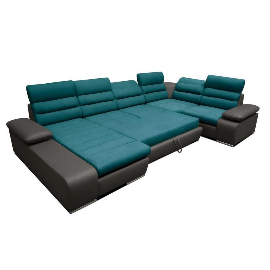 Vente-unique Canapé d'angle panoramique conible en tissu simili BOILEAU Bicolore turquoise Angle gauche  