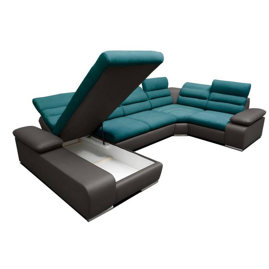 Vente-unique Canapé d'angle panoramique conible en tissu simili BOILEAU Bicolore turquoise Angle gauche  