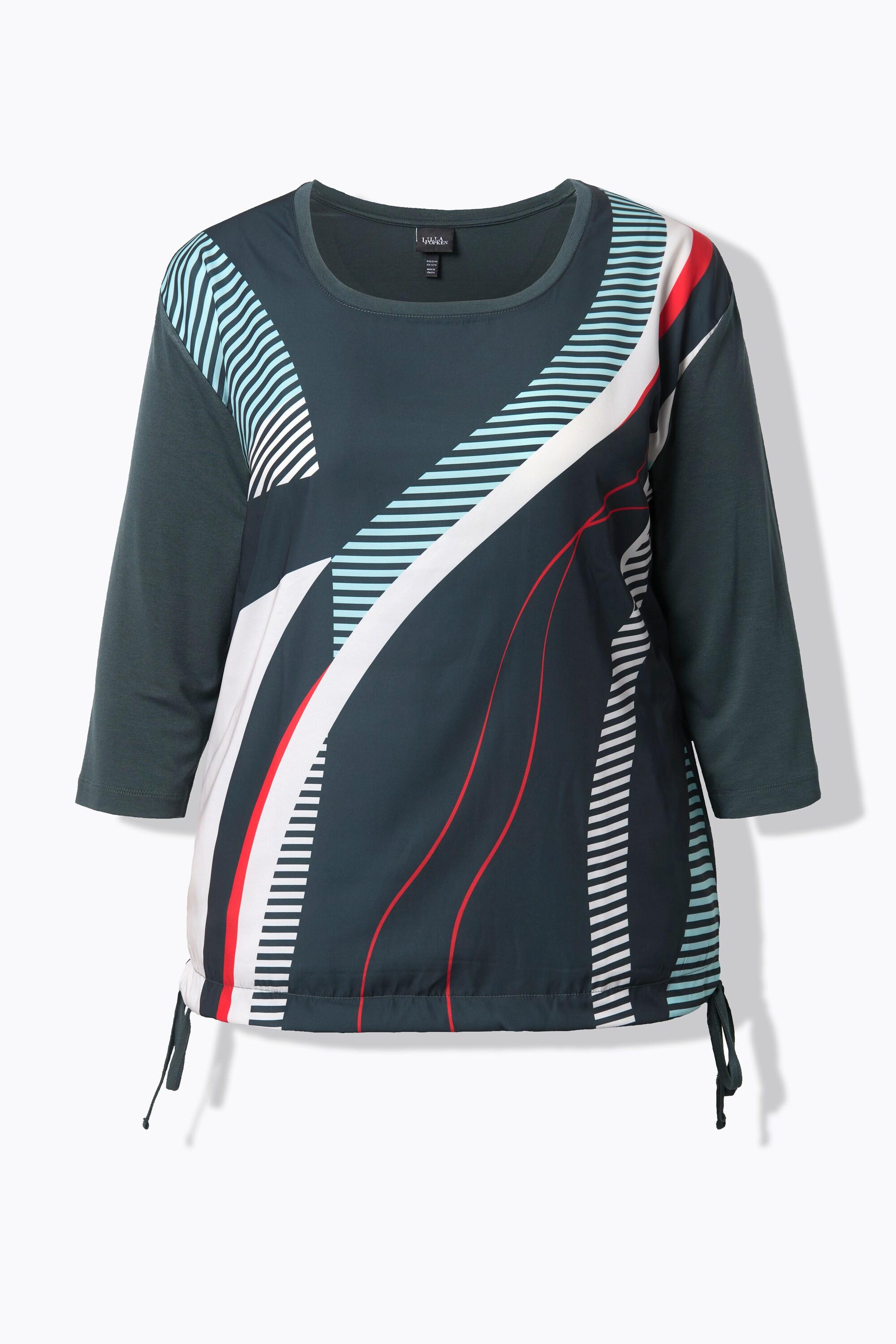 Ulla Popken Maglia Oversize a Righe Girocollo Maniche 3/4 con Coulisse sull'Orlo  