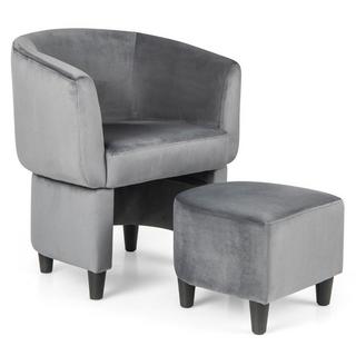 Northix Fauteuil avec repose-pieds, fauteuil rembourré en velours, fauteuil club, bois massif, gris  