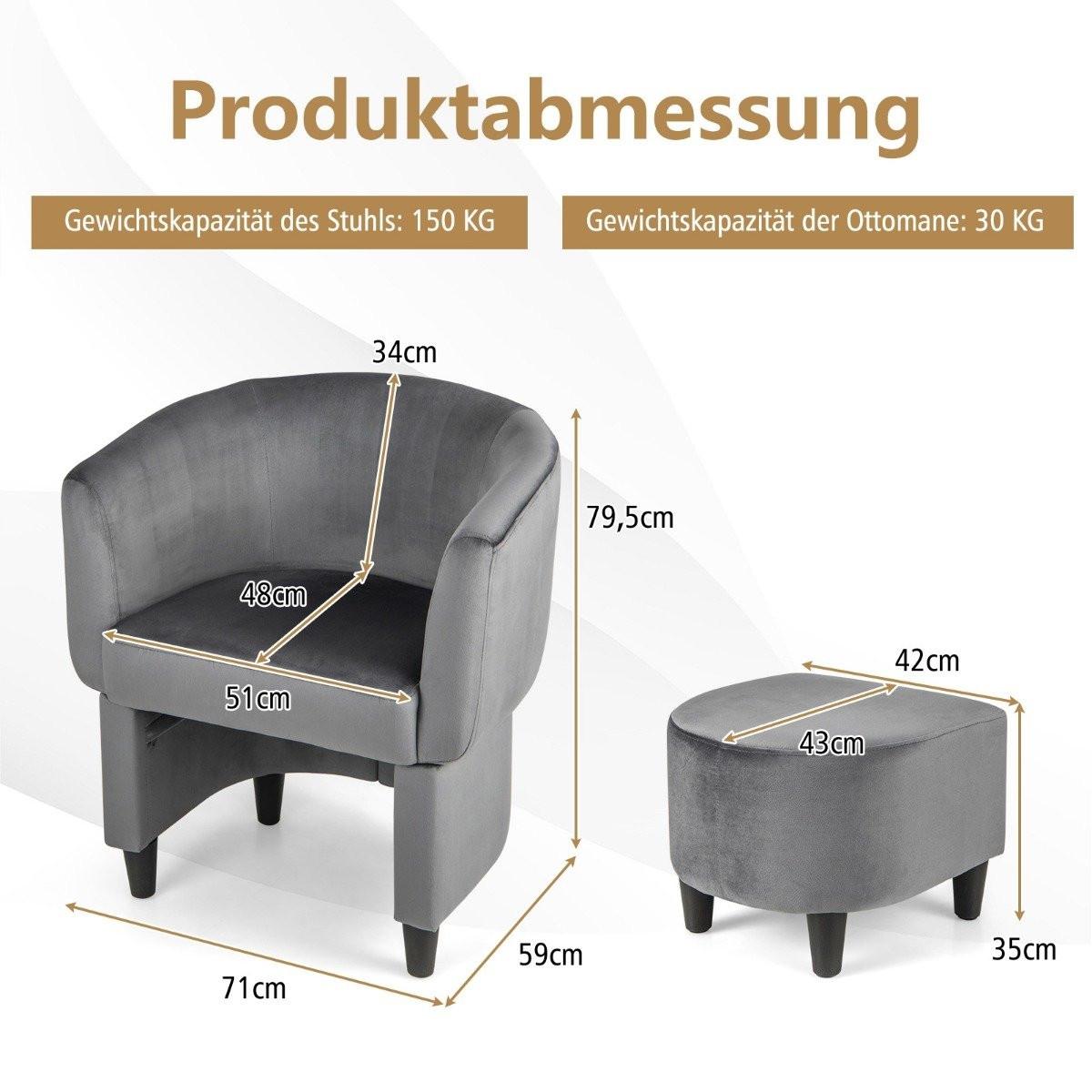 Northix Fauteuil avec repose-pieds, fauteuil rembourré en velours, fauteuil club, bois massif, gris  