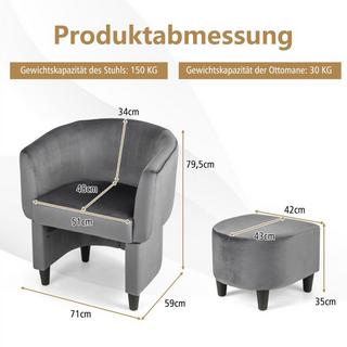 Northix Fauteuil avec repose-pieds, fauteuil rembourré en velours, fauteuil club, bois massif, gris  