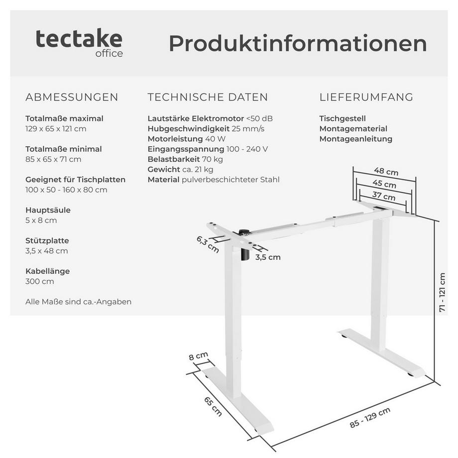 Tectake Telaio per scrivania Piotr regolazione elettrica della altezza  