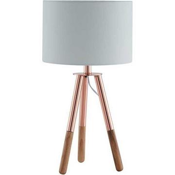 Lampe de table, structure en bois, abat-jour textile en cuivre, blanc