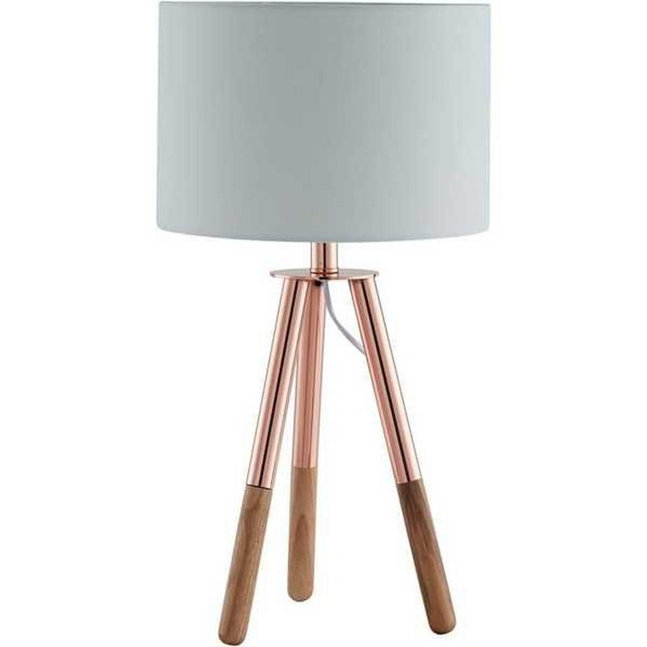 Lampe de table, structure en bois, abat-jour textile en cuivre, blanc