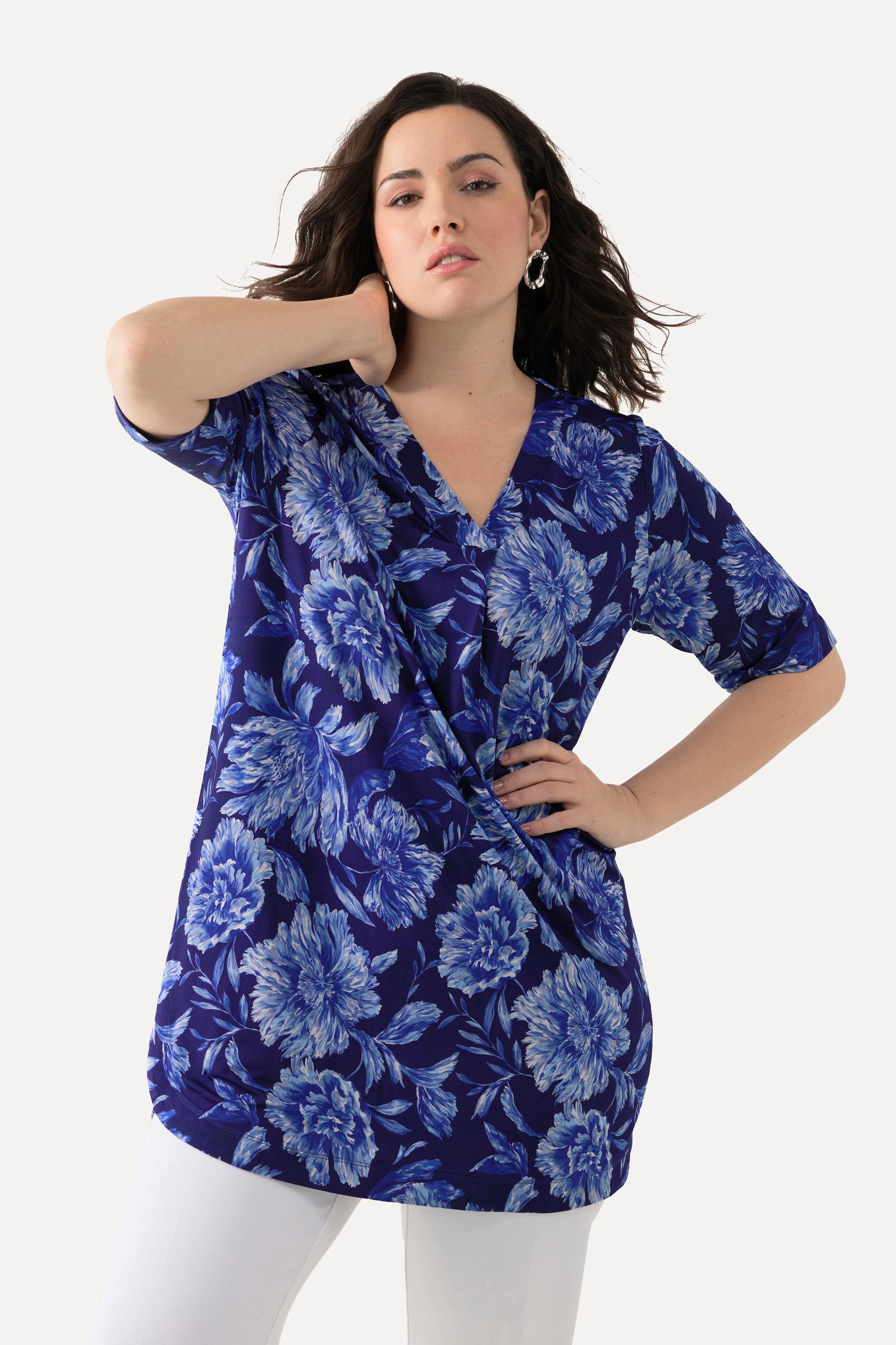 Ulla Popken T-shirt Slinky Floral Ligne A Col V Manches Courtes  