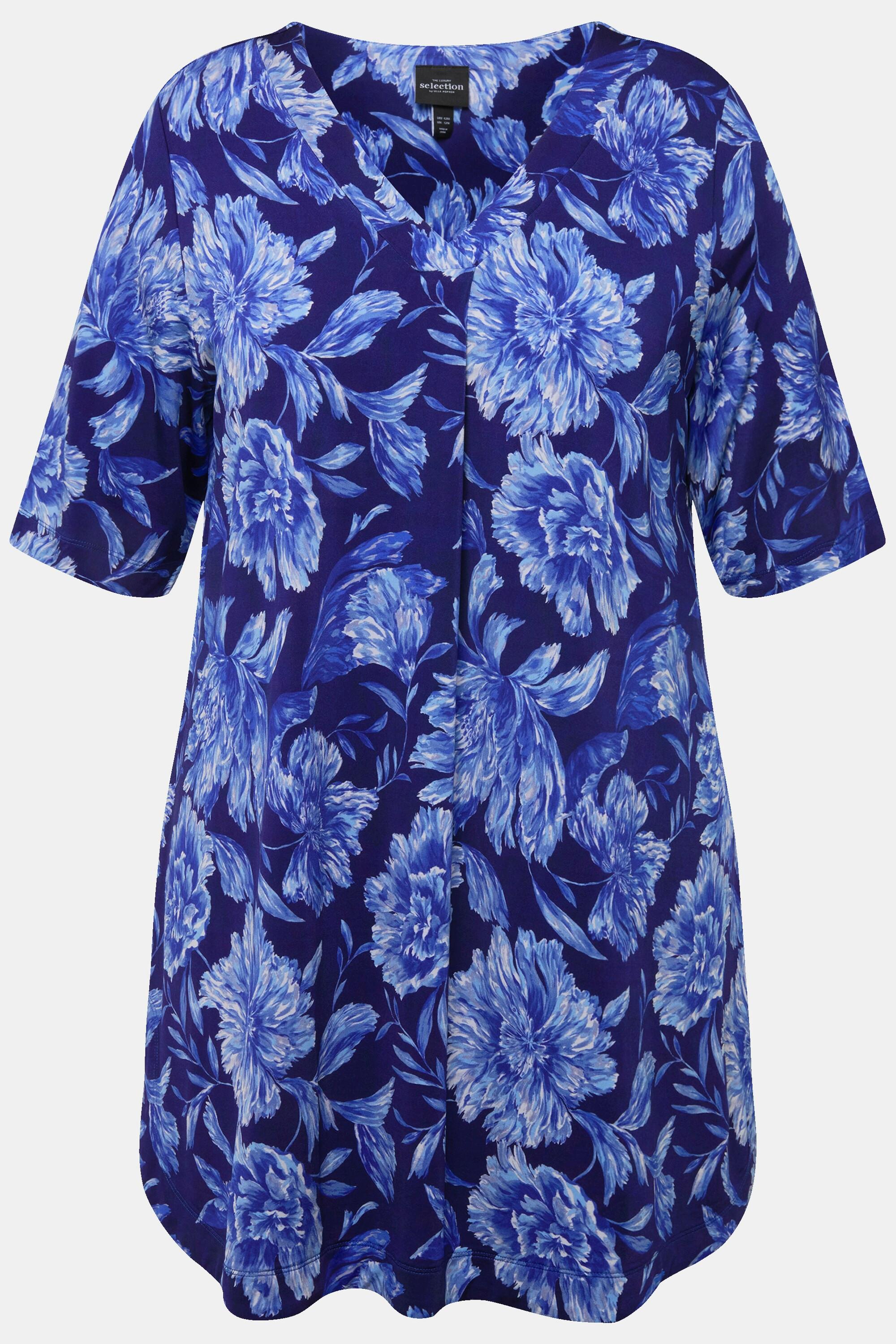 Ulla Popken T-shirt Slinky Floral Ligne A Col V Manches Courtes  