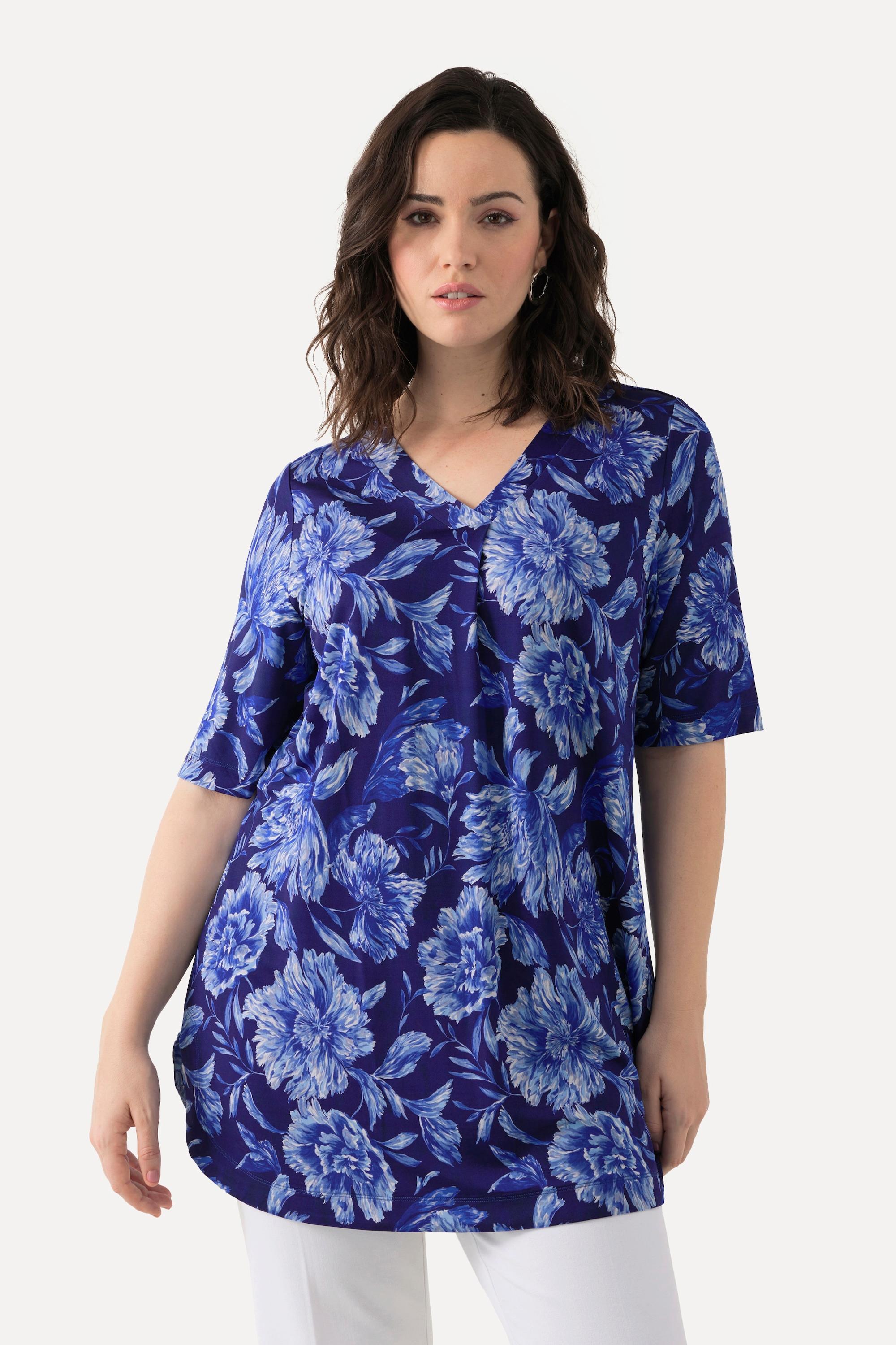 Ulla Popken T-shirt Slinky Floral Ligne A Col V Manches Courtes  