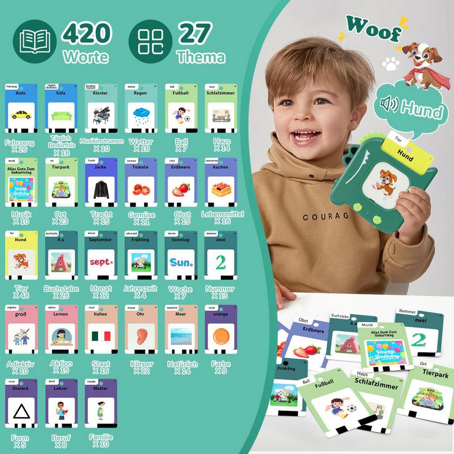 Activity-board  420 Wörter auf Deutsch – Sprechende Lernkarten mit 210 Karten, interaktive Lernkarten und Sprachspiele – Lernspielzeug zum Vokabeln lernen 