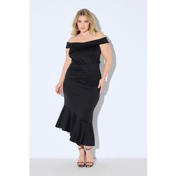 Maxi abito di scuba con spalle scoperte e drappeggio