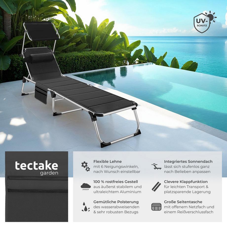 Tectake Sonnenliege Lorella gepolstert, klappbar mit Aluminiumgestell, stufenlos verstellbares Sonnendach  