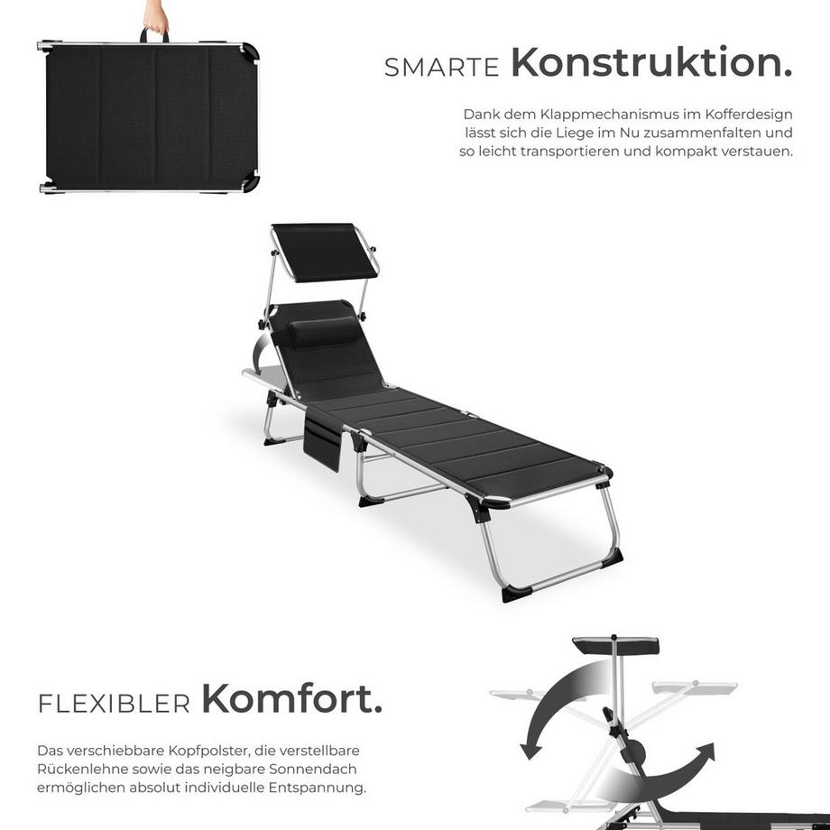 Tectake Sonnenliege Lorella gepolstert, klappbar mit Aluminiumgestell, stufenlos verstellbares Sonnendach  