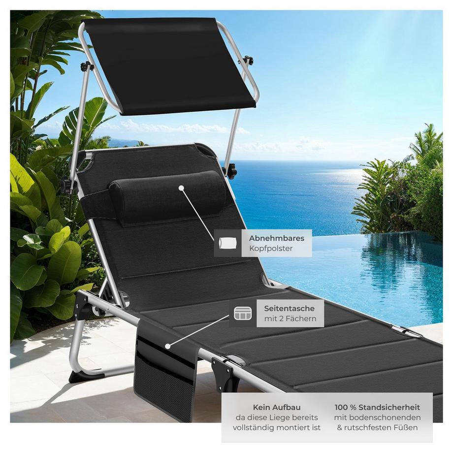 Tectake Sonnenliege Lorella gepolstert, klappbar mit Aluminiumgestell, stufenlos verstellbares Sonnendach  
