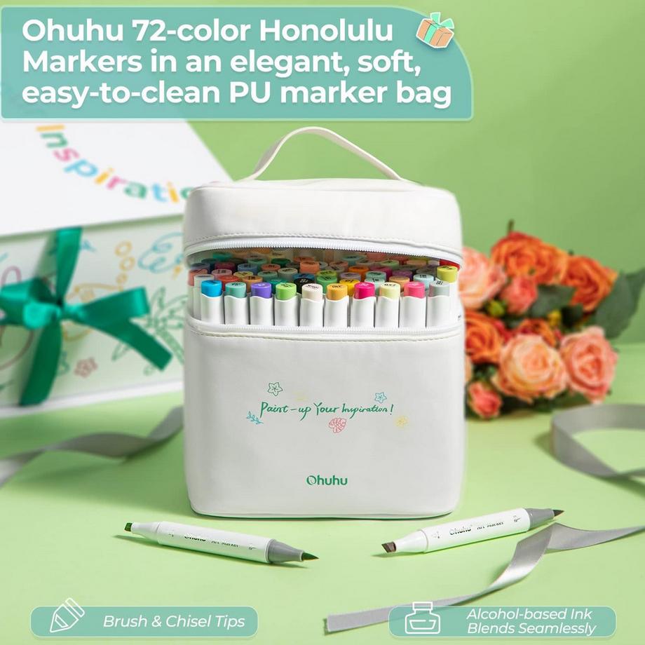 Ohuhu  Marker-Geschenkbox – Set mit 72 Farben + Fineliner & Skizzenbuch 