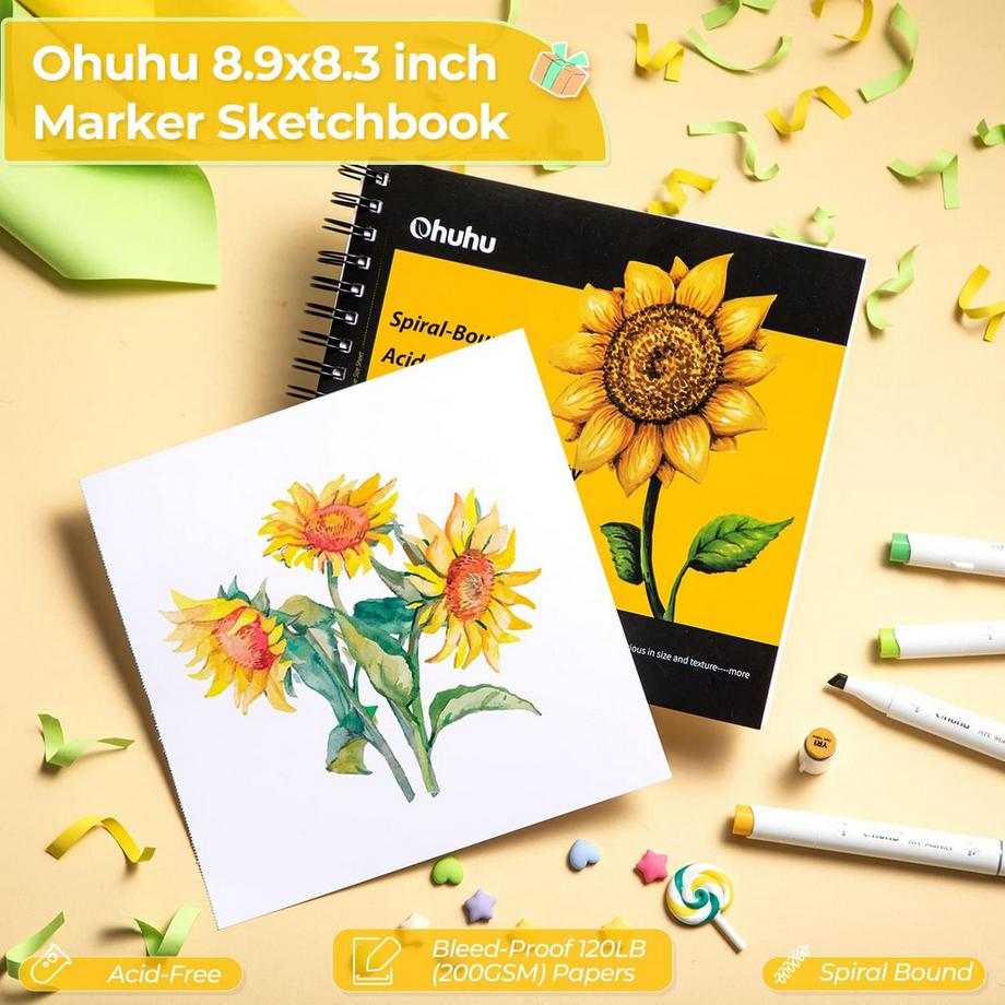Ohuhu  Marker-Geschenkbox – Set mit 72 Farben + Fineliner & Skizzenbuch 
