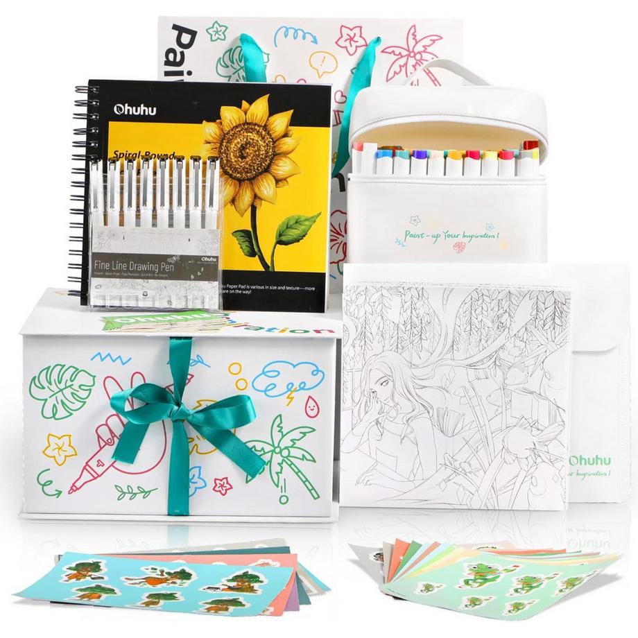 Ohuhu  Marker-Geschenkbox – Set mit 72 Farben + Fineliner & Skizzenbuch 