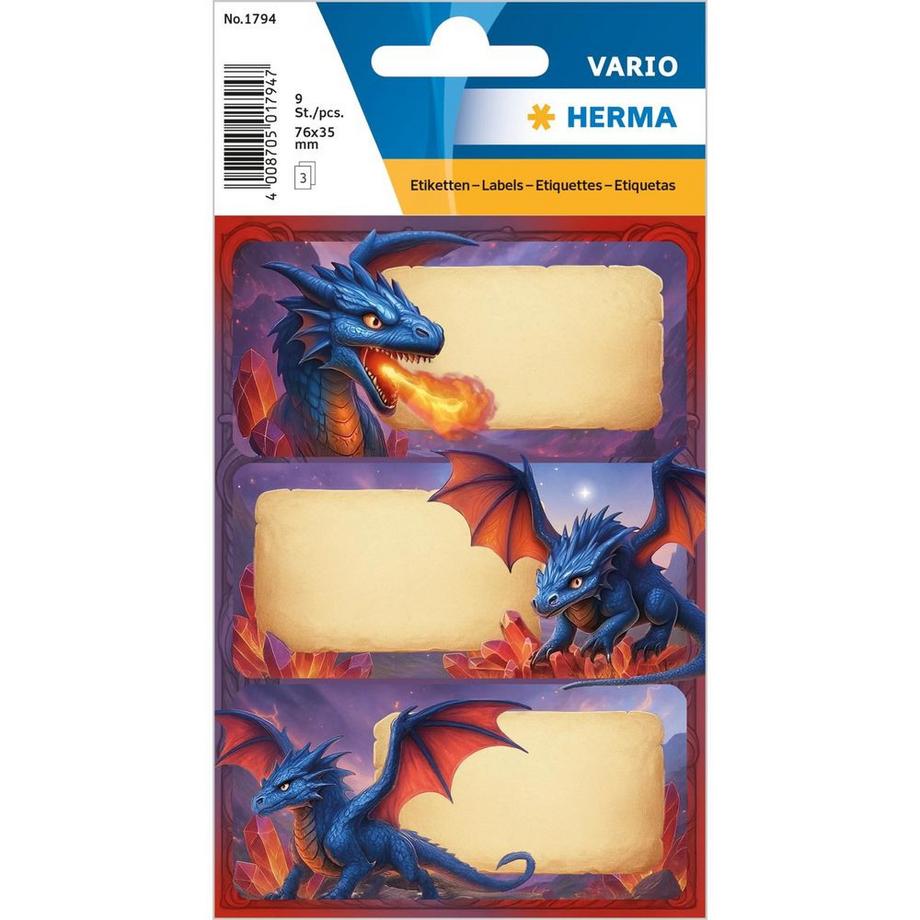 Étiquettes scolaires  Dragon 3 feuilles / 9 autocollants