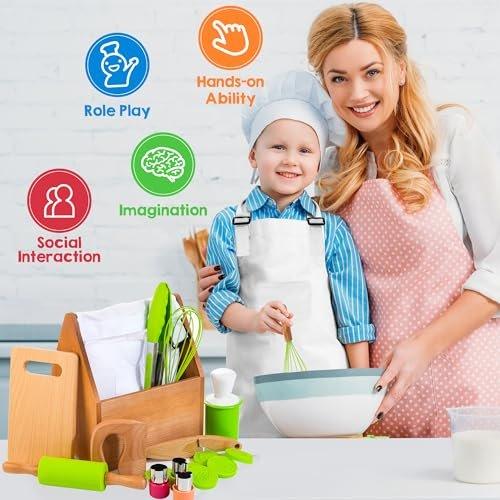 Activity-board  Accessoires de cuisine pour enfants, jouet en bois avec toque, tablier, couteau de sécurité pour enfants, formes 