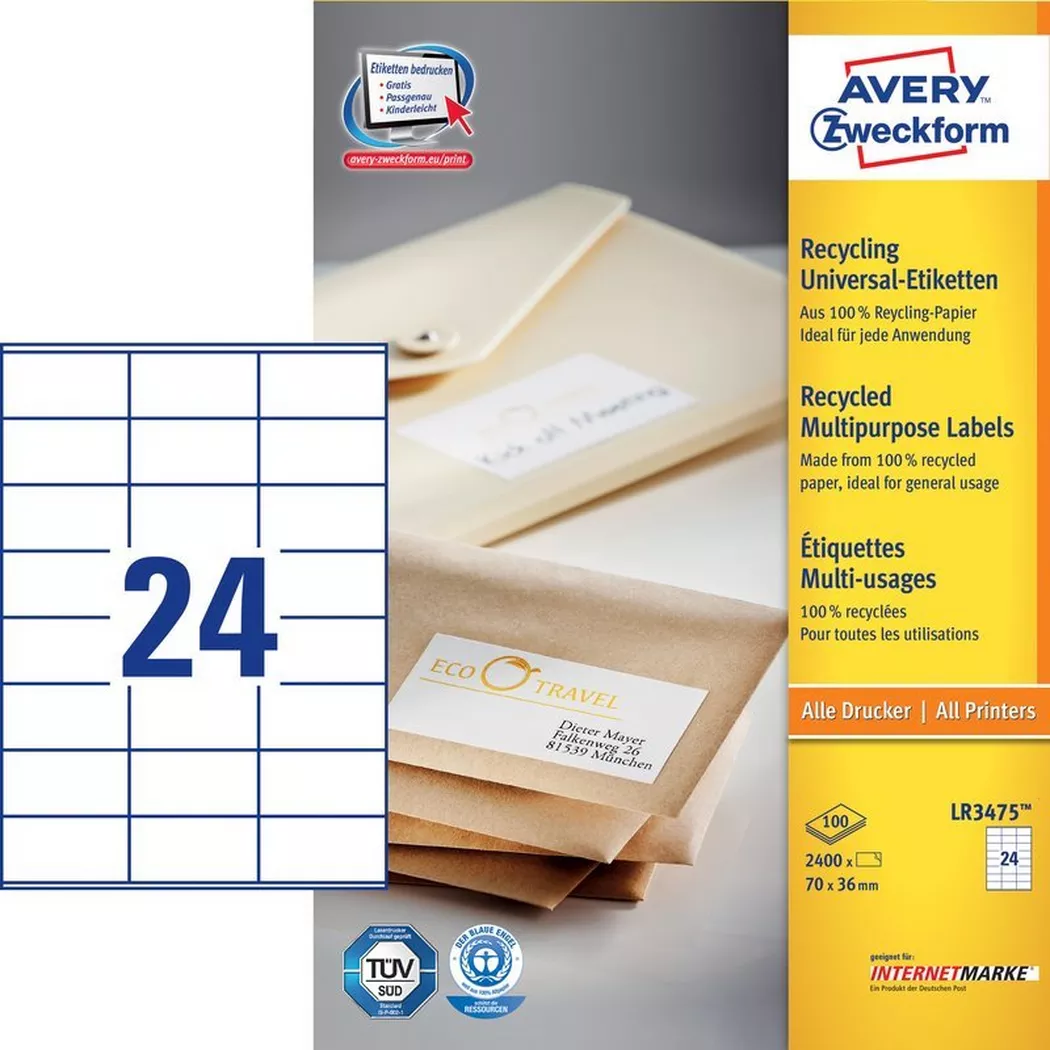 Avery-Zweckform – AVERY ZWECKFORM Etiketten 70x36mm, 2400 Stück, One Size, Weiss