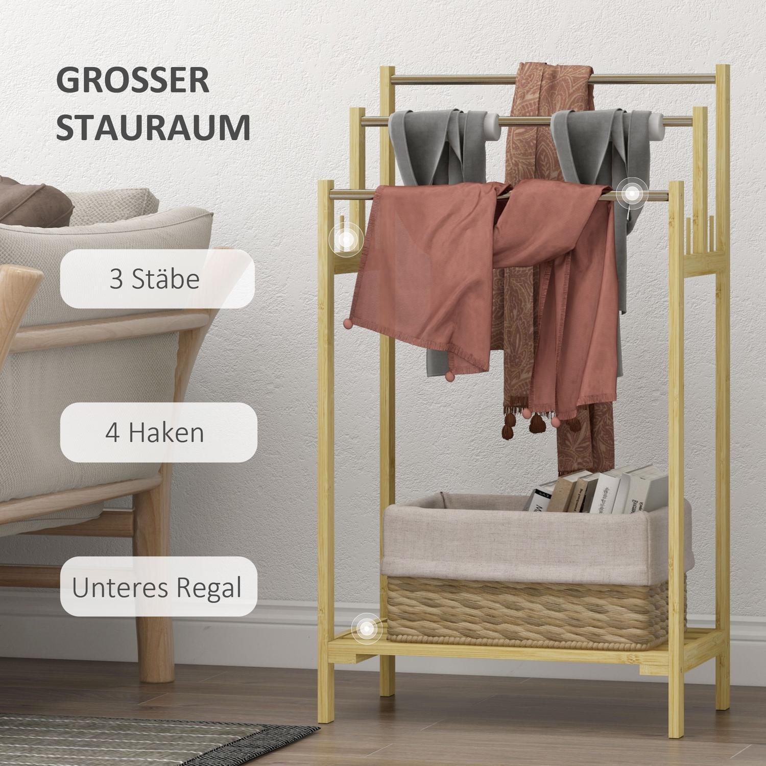 Northio Porta asciugamani da terra, porta asciugamani con 4 ganci, 3 porta asciugamani, porta asciugamani da bagno per bagno, bambù, naturale  