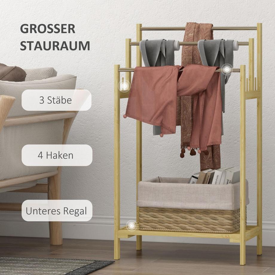 Northio Porta asciugamani da terra, porta asciugamani con 4 ganci, 3 porta asciugamani, porta asciugamani da bagno per bagno, bambù, naturale  