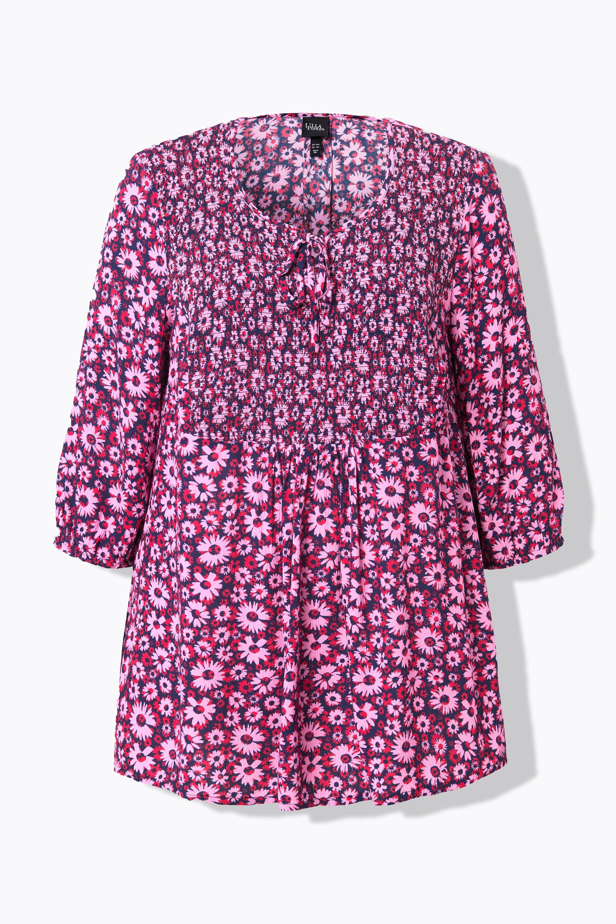 Ulla Popken  Smokbluse, Blüten, Rundhals, Bindeband, 3/4-Arm 