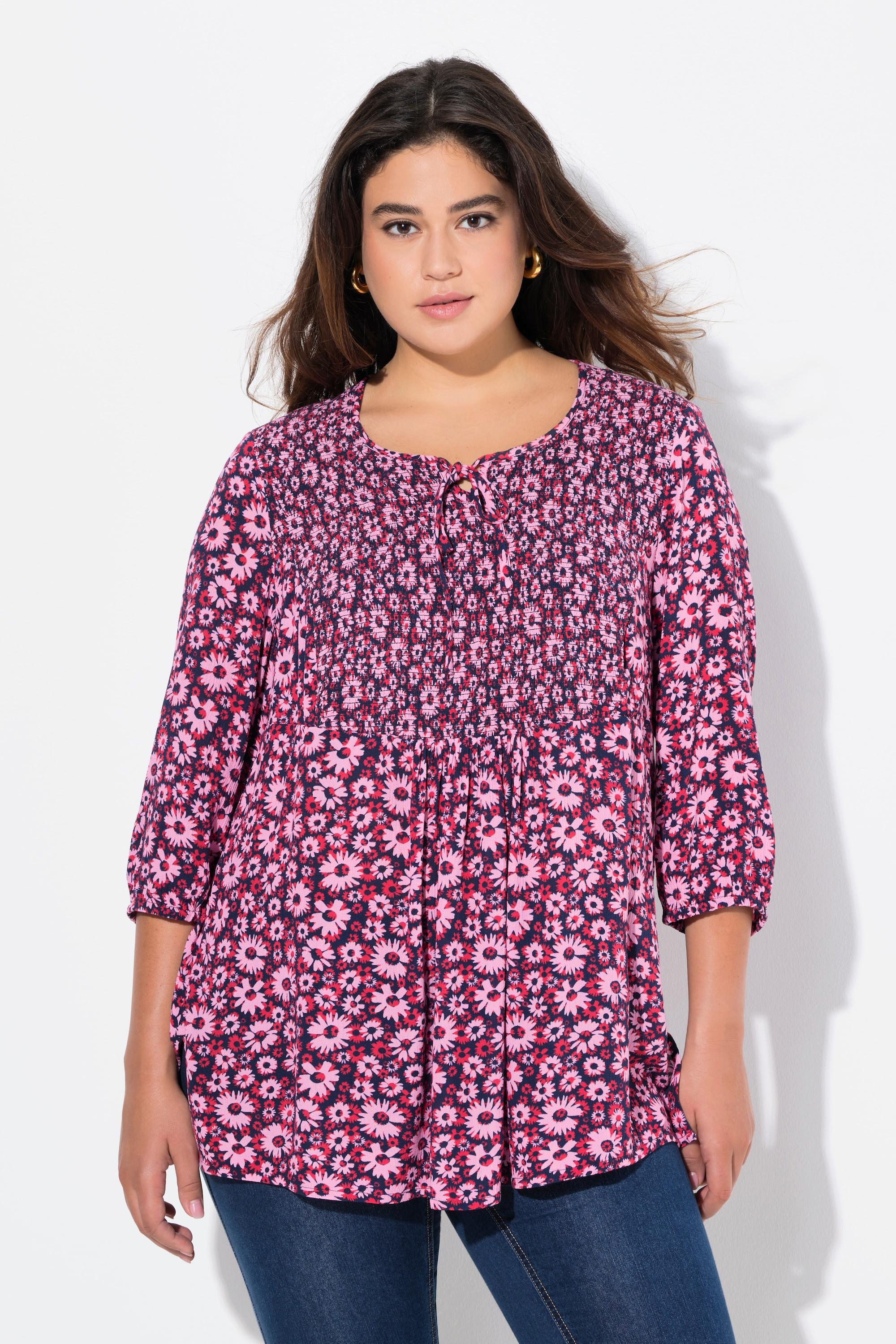 Ulla Popken  Smokbluse, Blüten, Rundhals, Bindeband, 3/4-Arm 