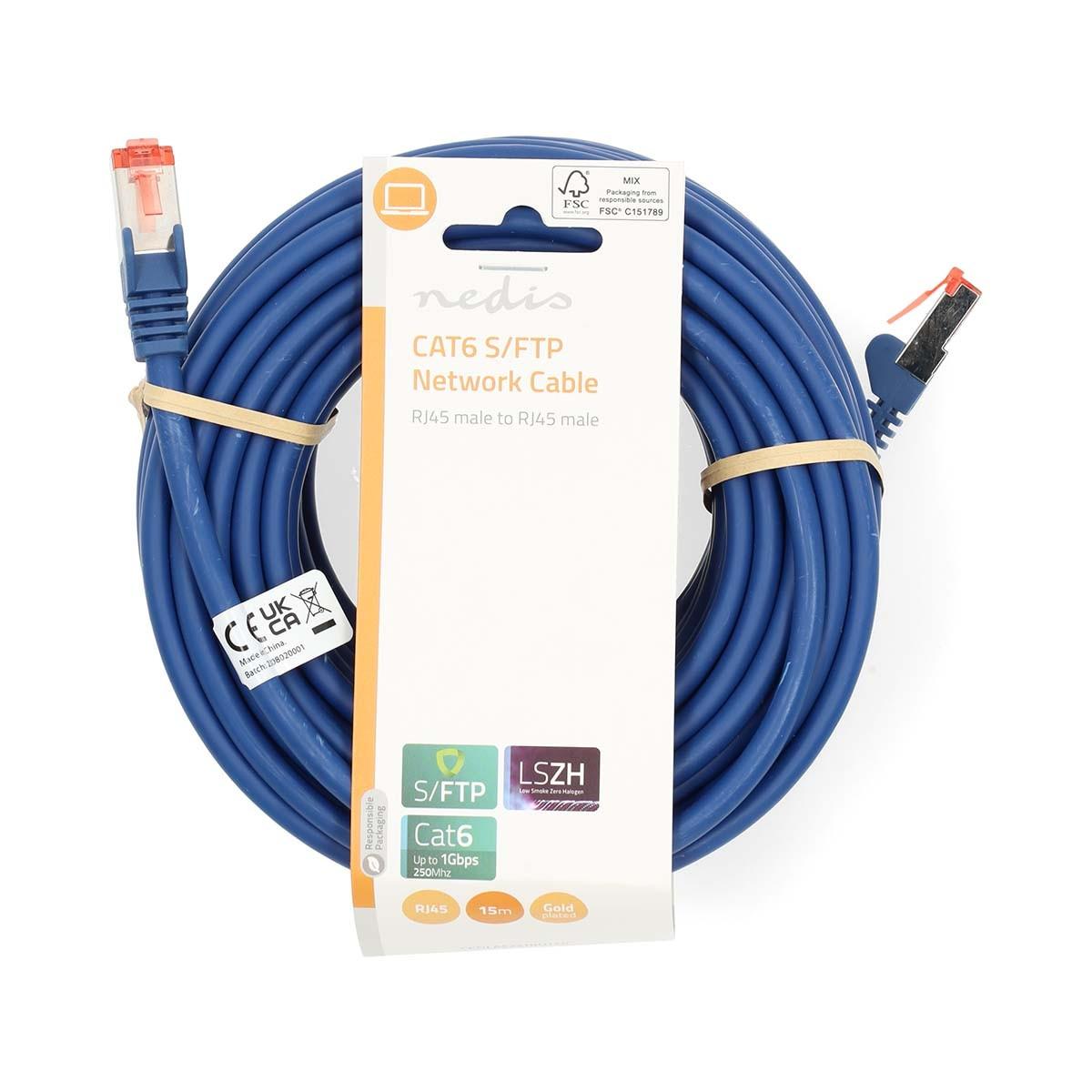 Nedis  Câble réseau CAT6 | RJ45 Mâle | RJ45 Mâle | S/FTP | 15,0 m | Rond | LSZH | Bleu | Étiquette 