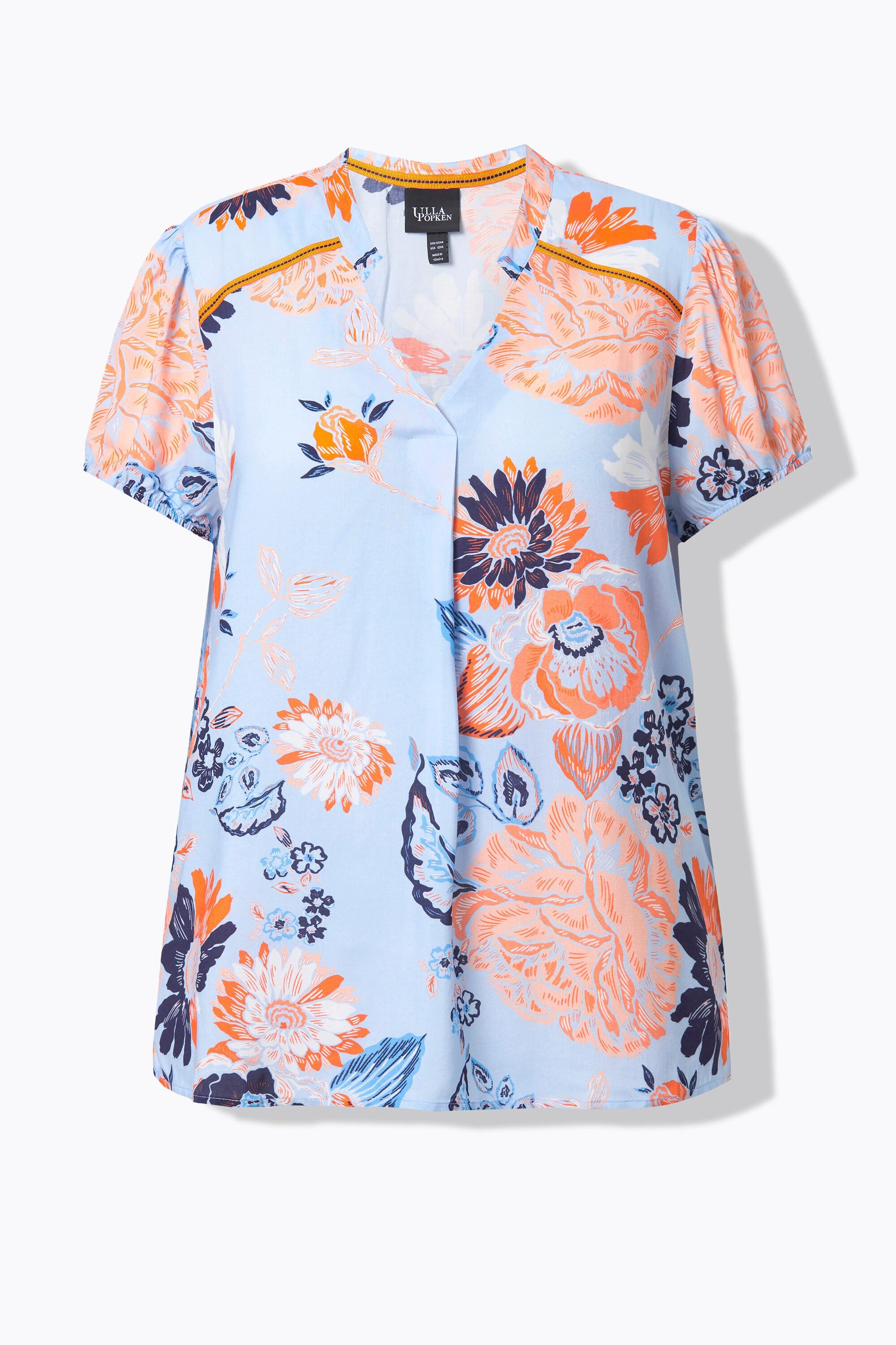 Ulla Popken Tunica Floreale Collo Alto Scollo a V Mezza Manica  