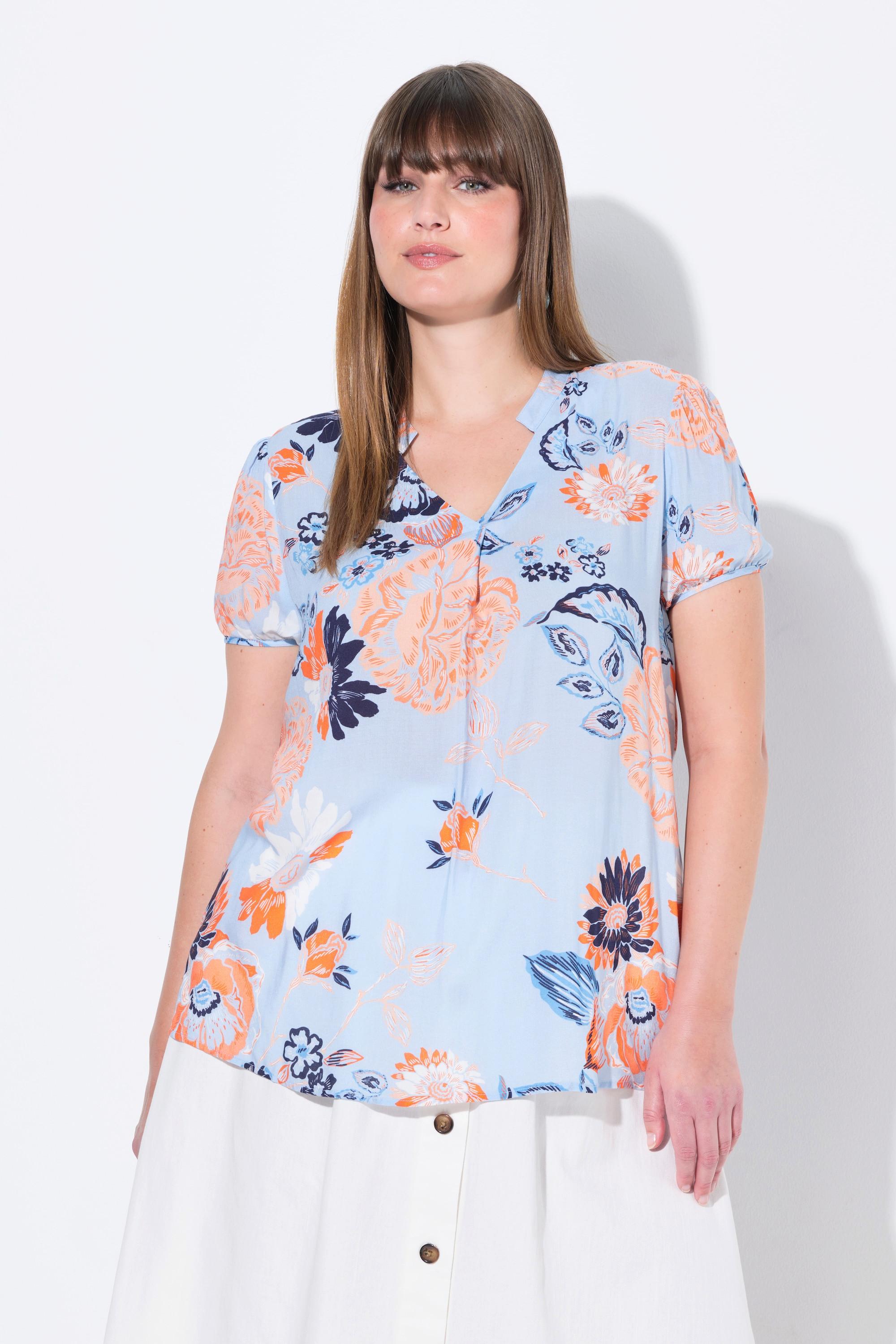 Ulla Popken Tunica Floreale Collo Alto Scollo a V Mezza Manica  