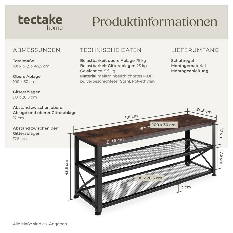 Tectake Étagère à chaussures BLACKPOOL style industriel  