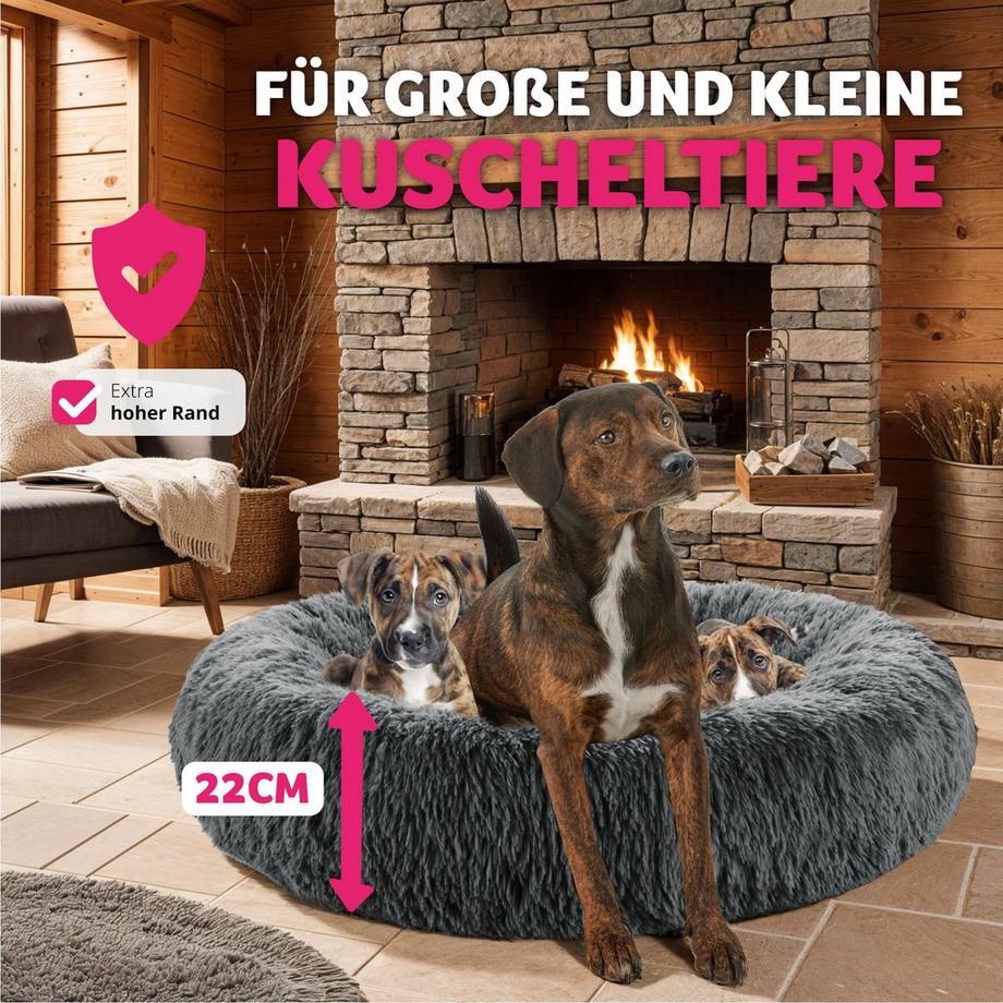 Tectake  Hundebett Maja rund mit langem Plüsch dicke Polsterung mit erhöhtem Rand 