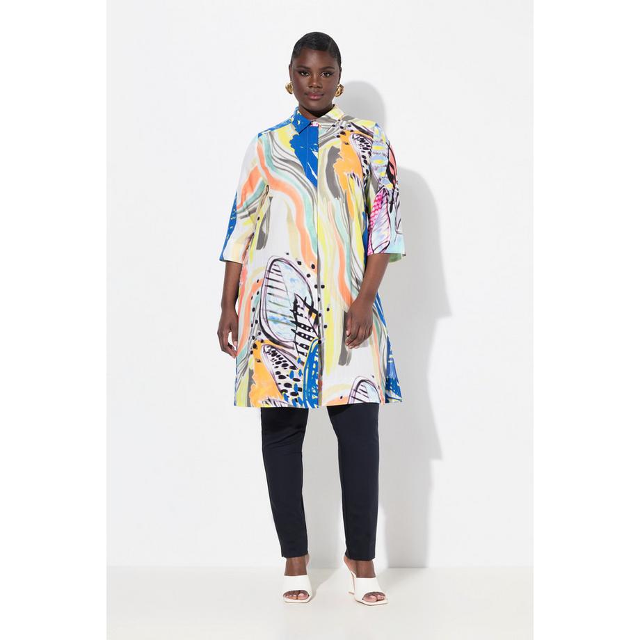 Ulla Popken Lyocell Longbluse A-Linie Hemdkragen 3/4-Arm  